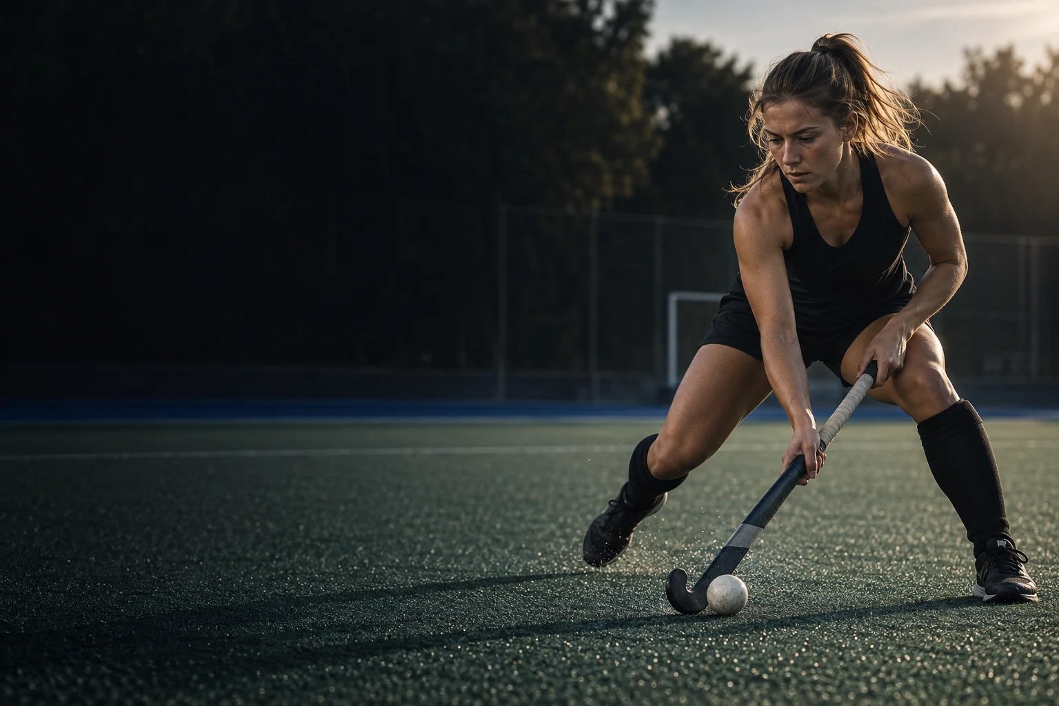 Field hockey athlete focused on the ball during a dribble. Campaign image created with AI.